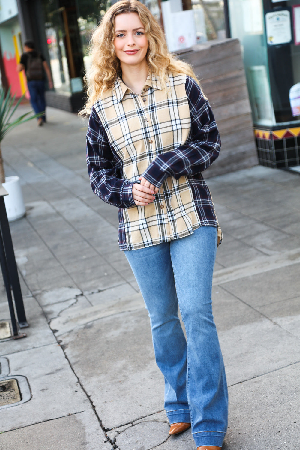 It's All Possible Navy& Beige Cotton Plaid Hi-Lo Shirt Top