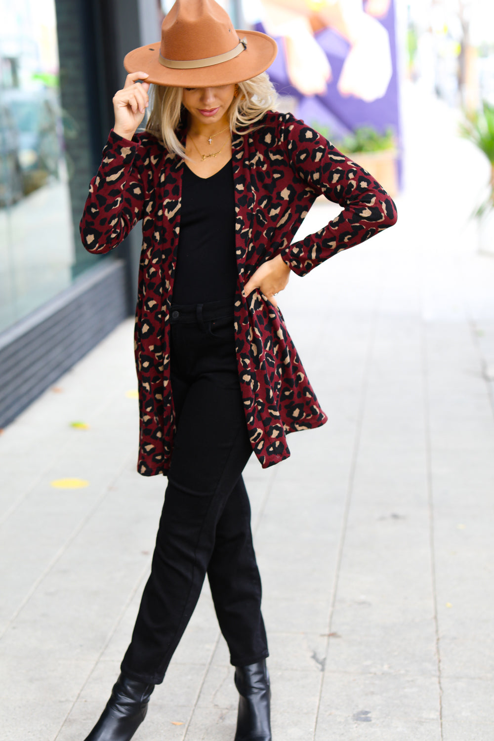 Weekend Envy Burgundy Animal Print Open Cardigan