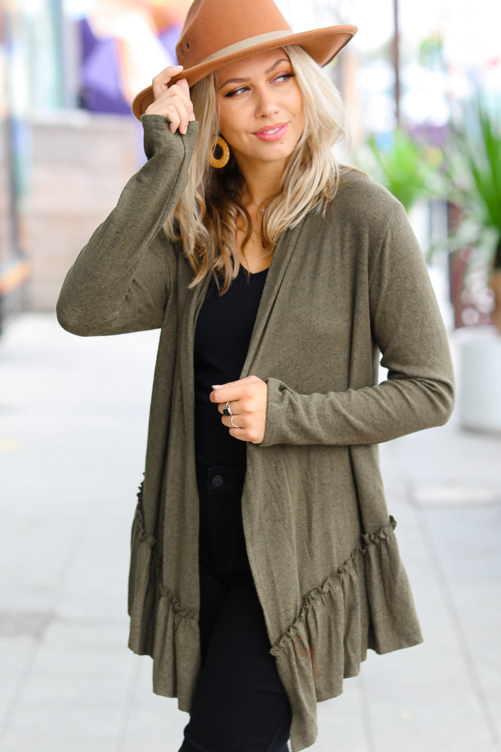 Olive Green Face the Day Two-Tone Ruffle Cardigan