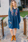 Just Imagine Navy Floral Embroidered Button Down Long Sleeve Dress