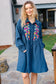 Just Imagine Navy Floral Embroidered Button Down Long Sleeve Dress