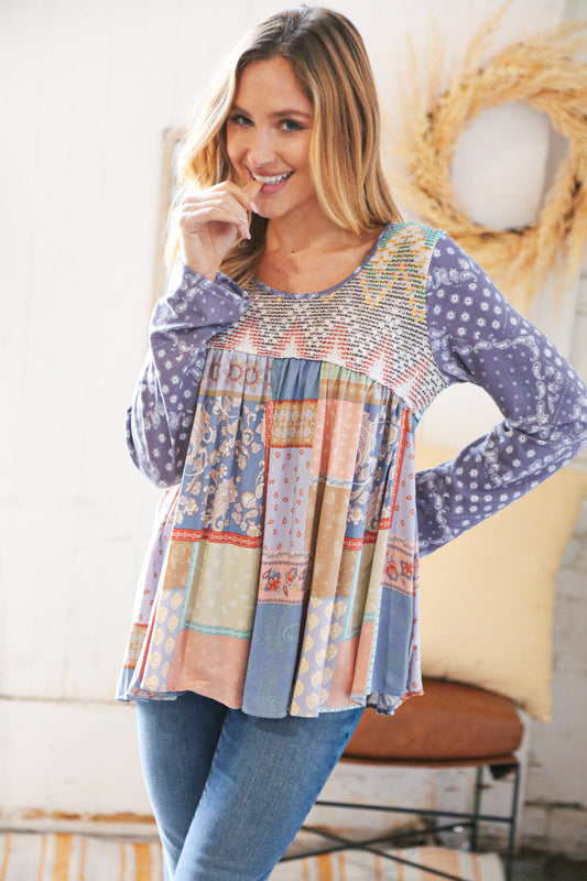 Lavender Hacci Chevron Patchwork Babydoll Top