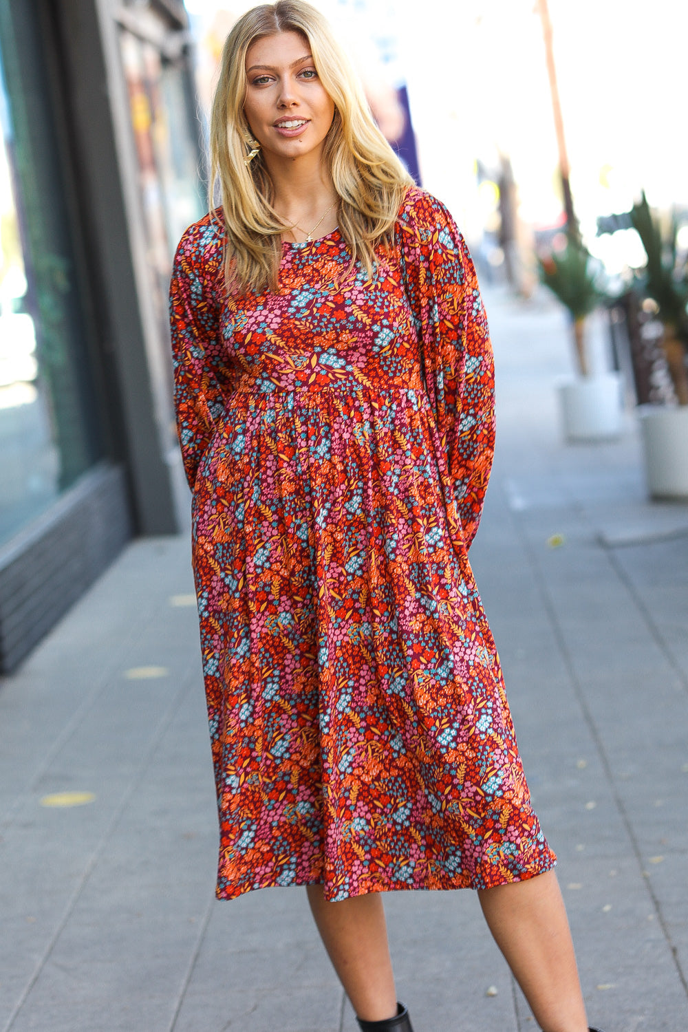 Just For Me Rust Ditzy Floral Fit & Flare Midi Dress