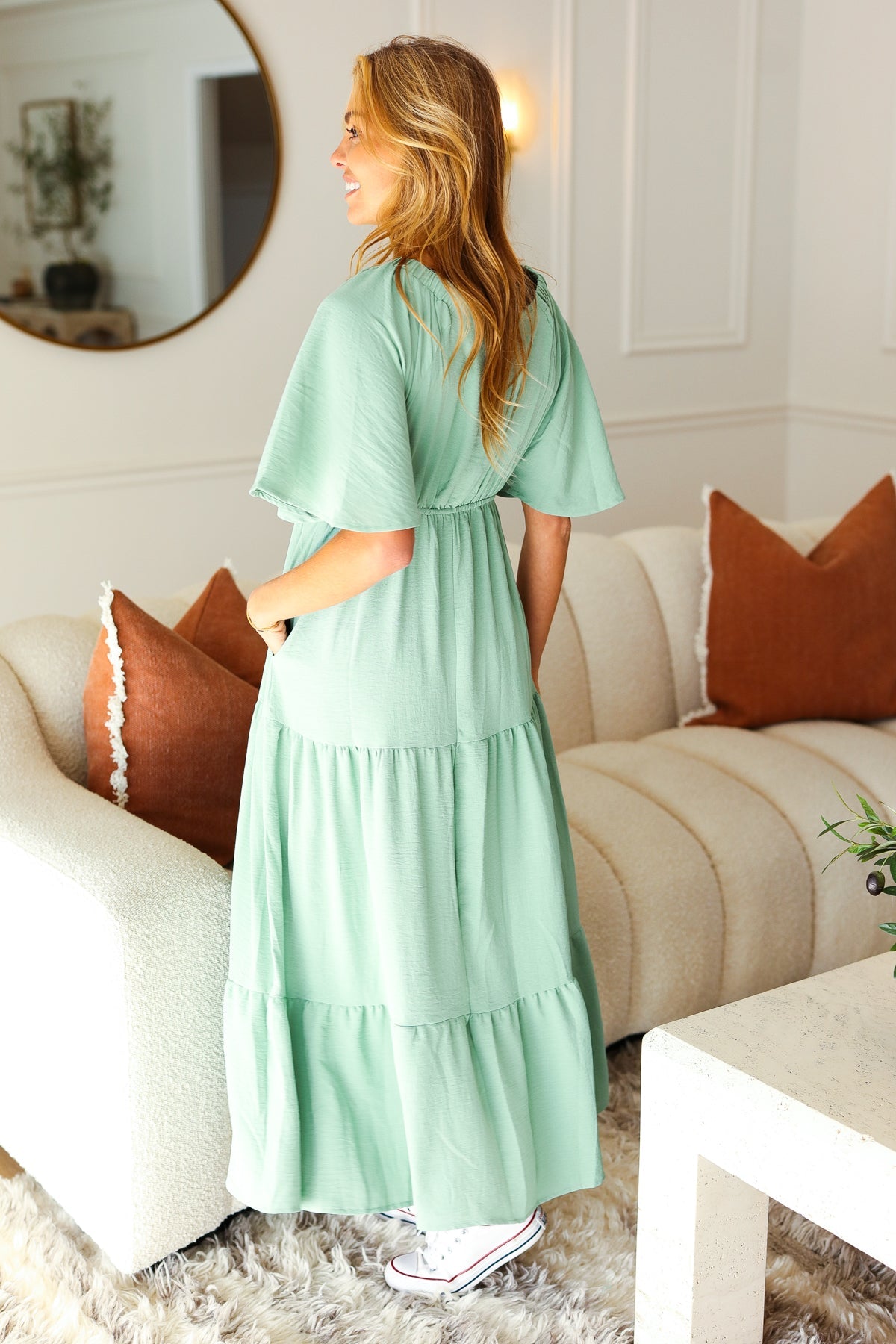 Mint Elastic V Neck Tiered Maxi Dress