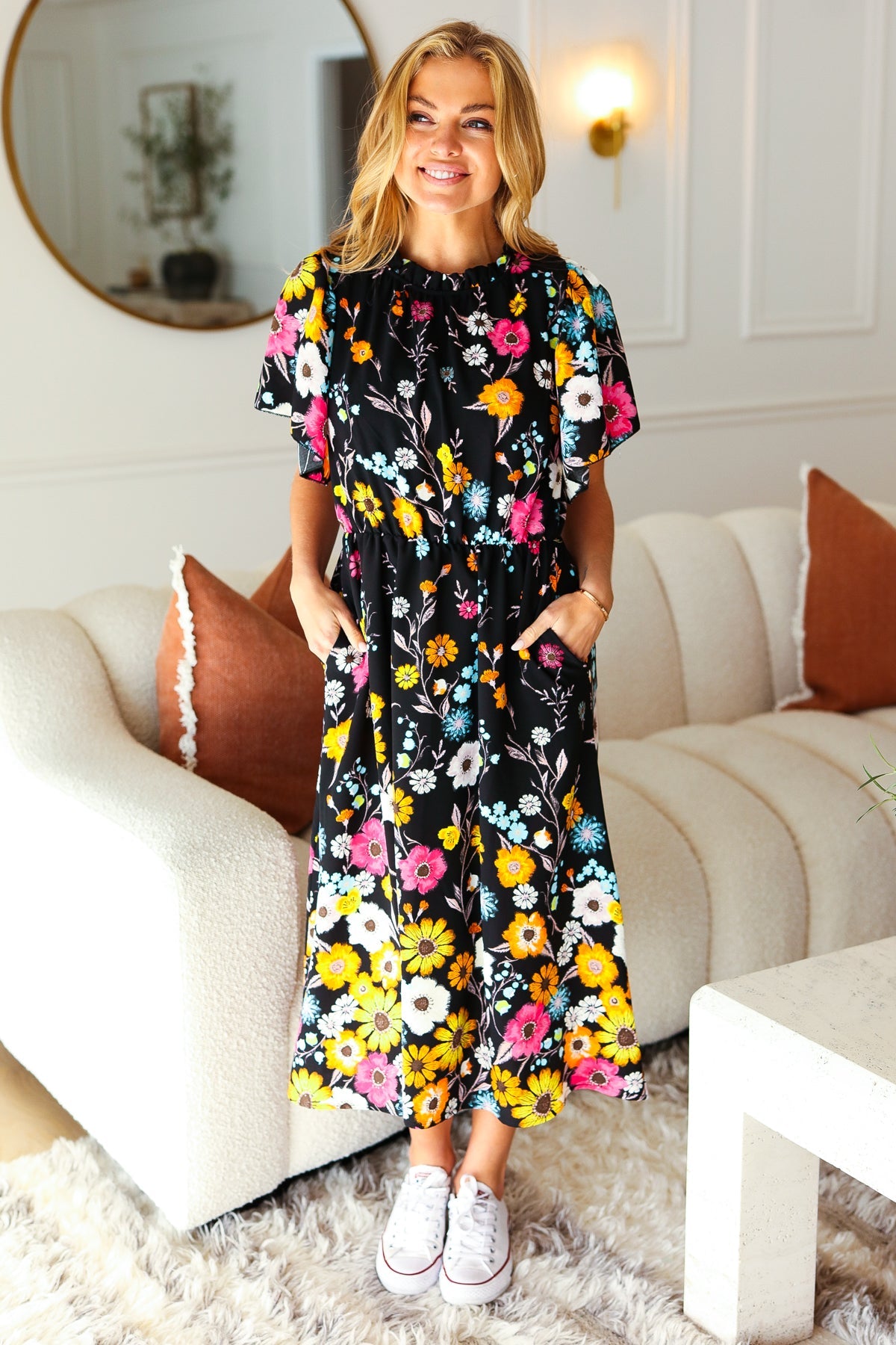 Black Floral Frill Mock Neck Flutter Sleeve Midi Dress