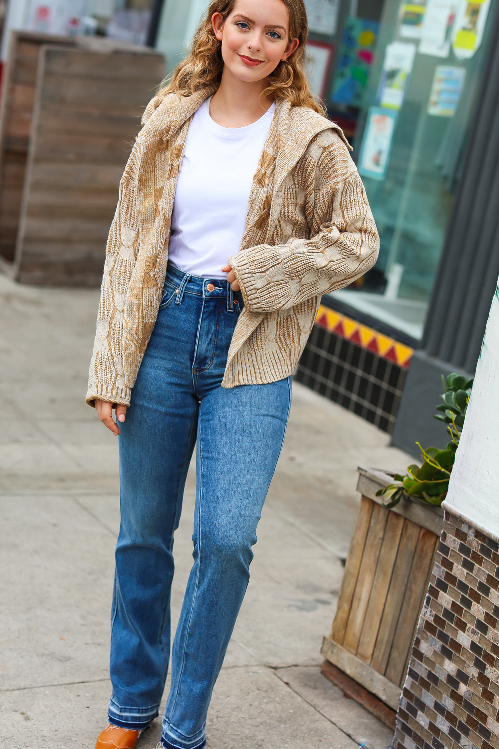 All of Me Taupe Two Tone Collared Open Cardigan