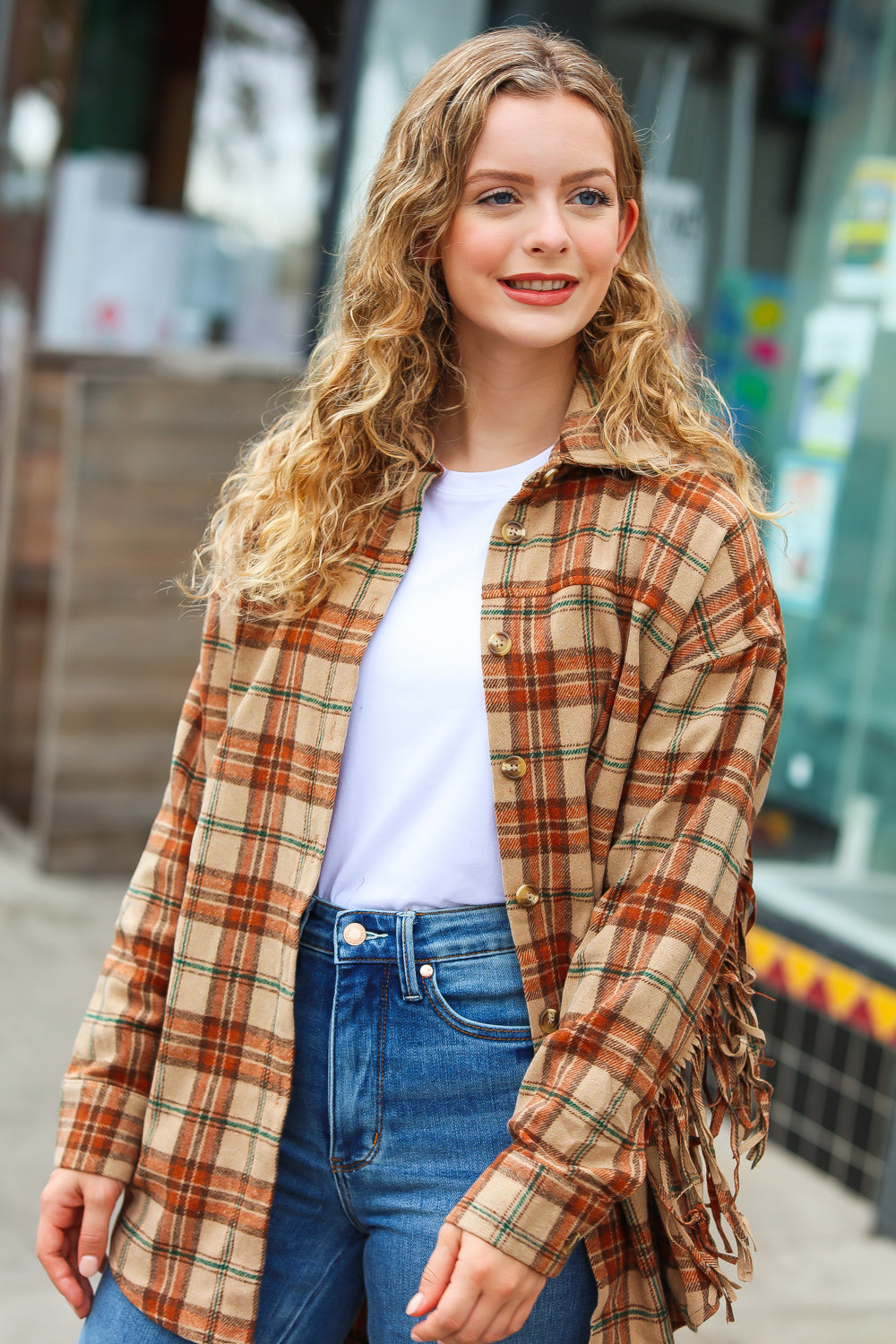 All Bets Off Taupe Flannel Plaid Fringe Jacket