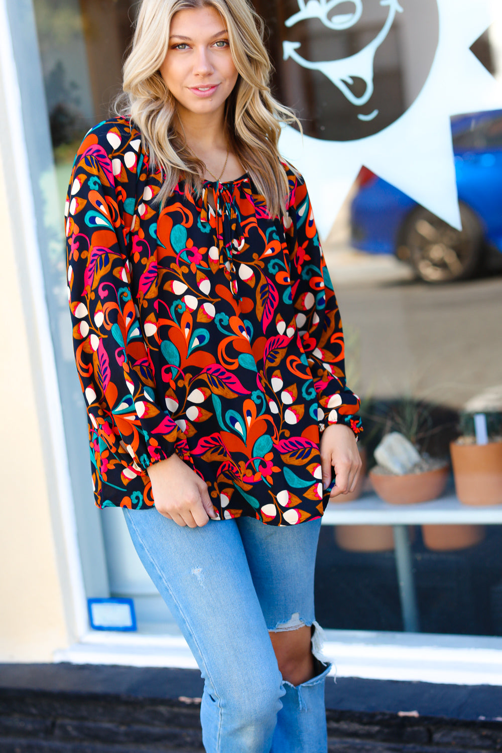 Magenta & Rust Boho Floral Bubble Sleeve Top