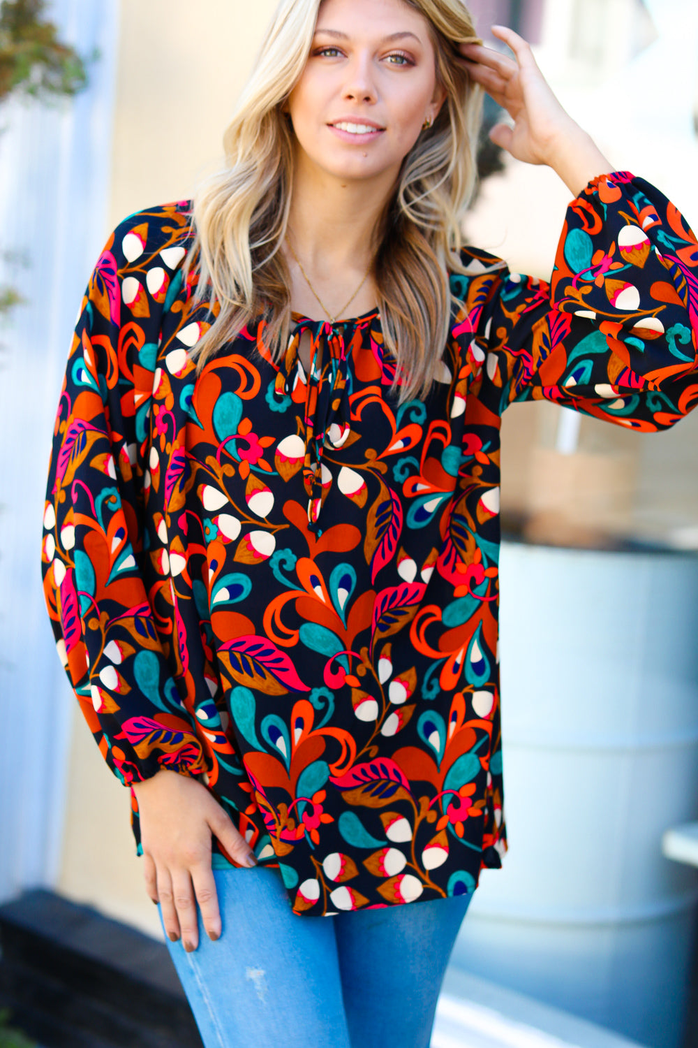 Magenta & Rust Boho Floral Bubble Sleeve Top