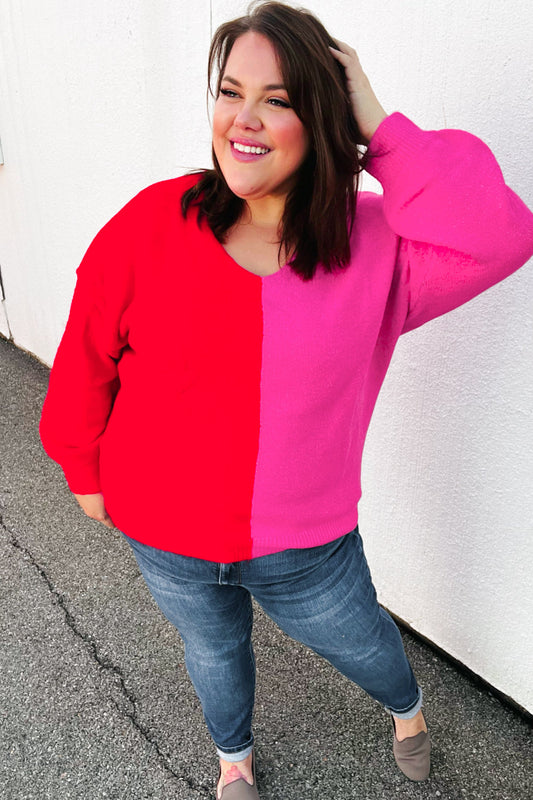 Red Fuchsia Half & Half V Neck Sweater