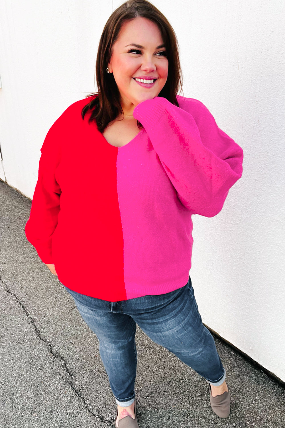 Red Fuchsia Half & Half V Neck Sweater