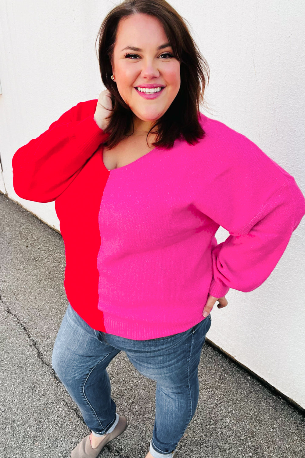 Red Fuchsia Half & Half V Neck Sweater