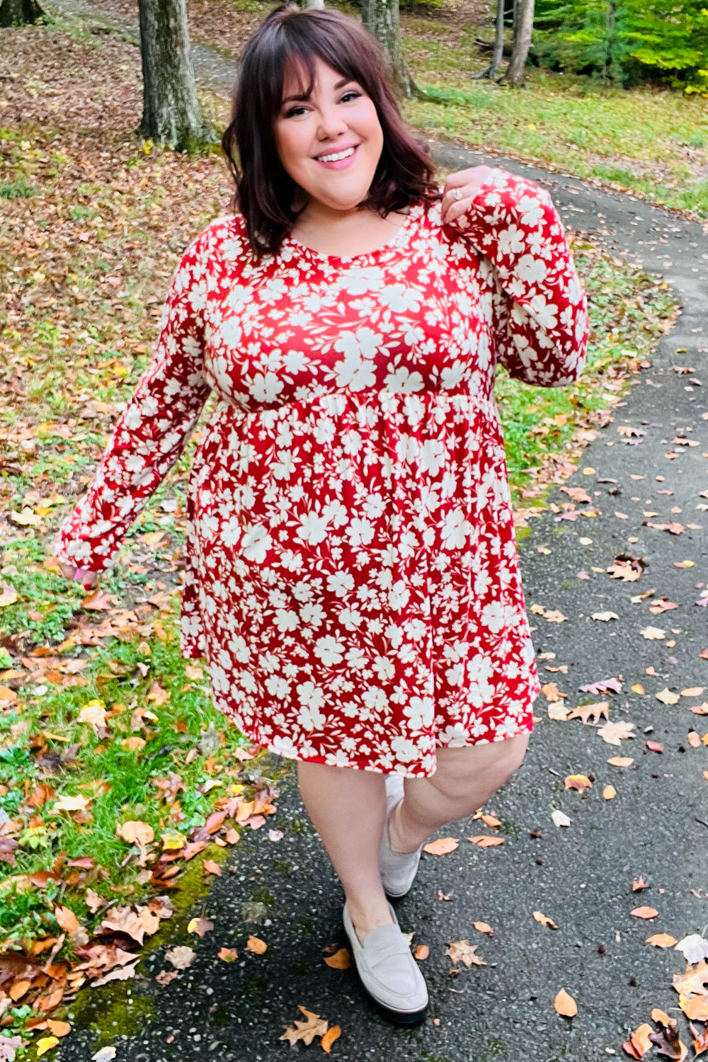 Just Be You Rust Floral Long Sleeve Babydoll Dress