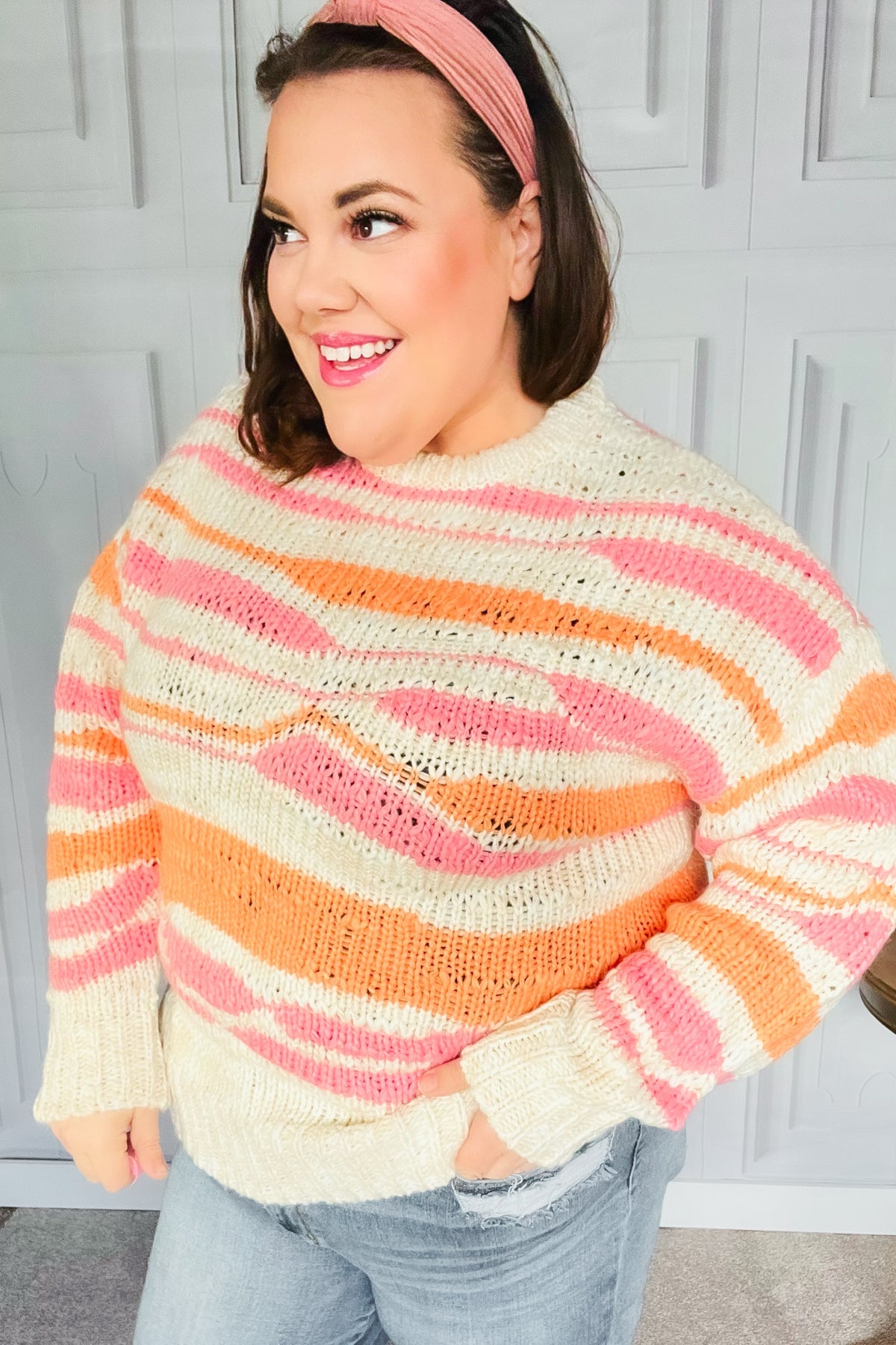 Perfectly You Mango Multicolor Stripe Chunky Knit Sweater