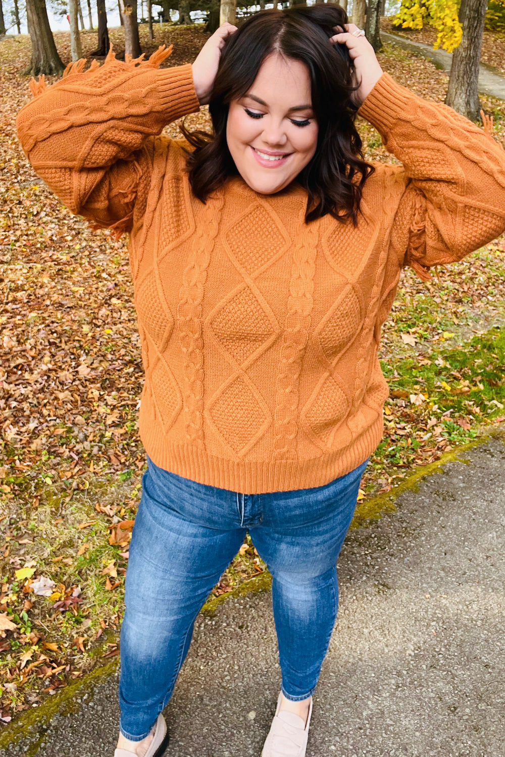 Joyful Days Rust Cable Knit Tassel Fringe Sweater