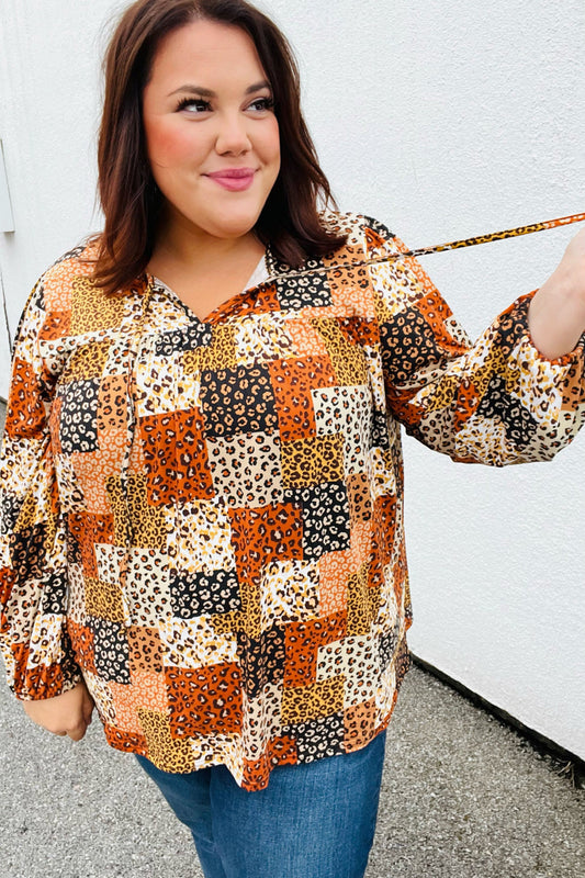 Rust & Taupe Multi Leopard Patchwork Tie String Top