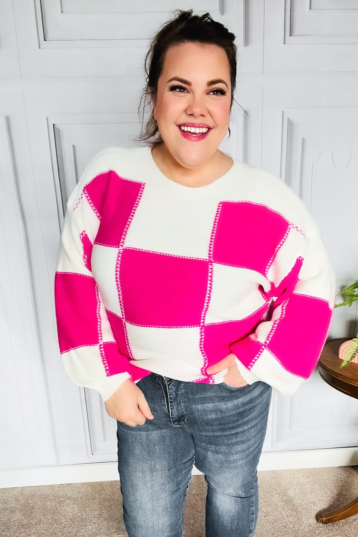 Tried & True Fuchsia Checkered Oversized Knit Sweater