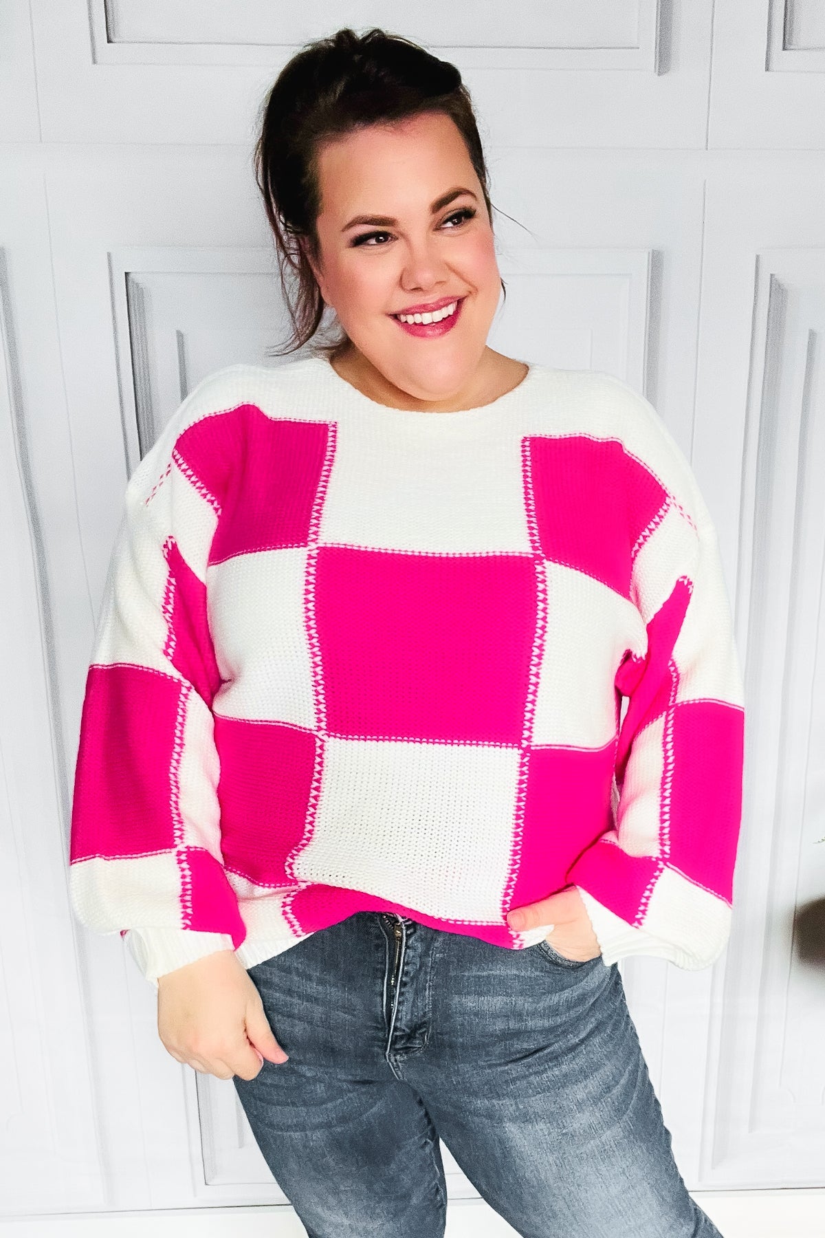 Tried & True Fuchsia Checkered Oversized Knit Sweater