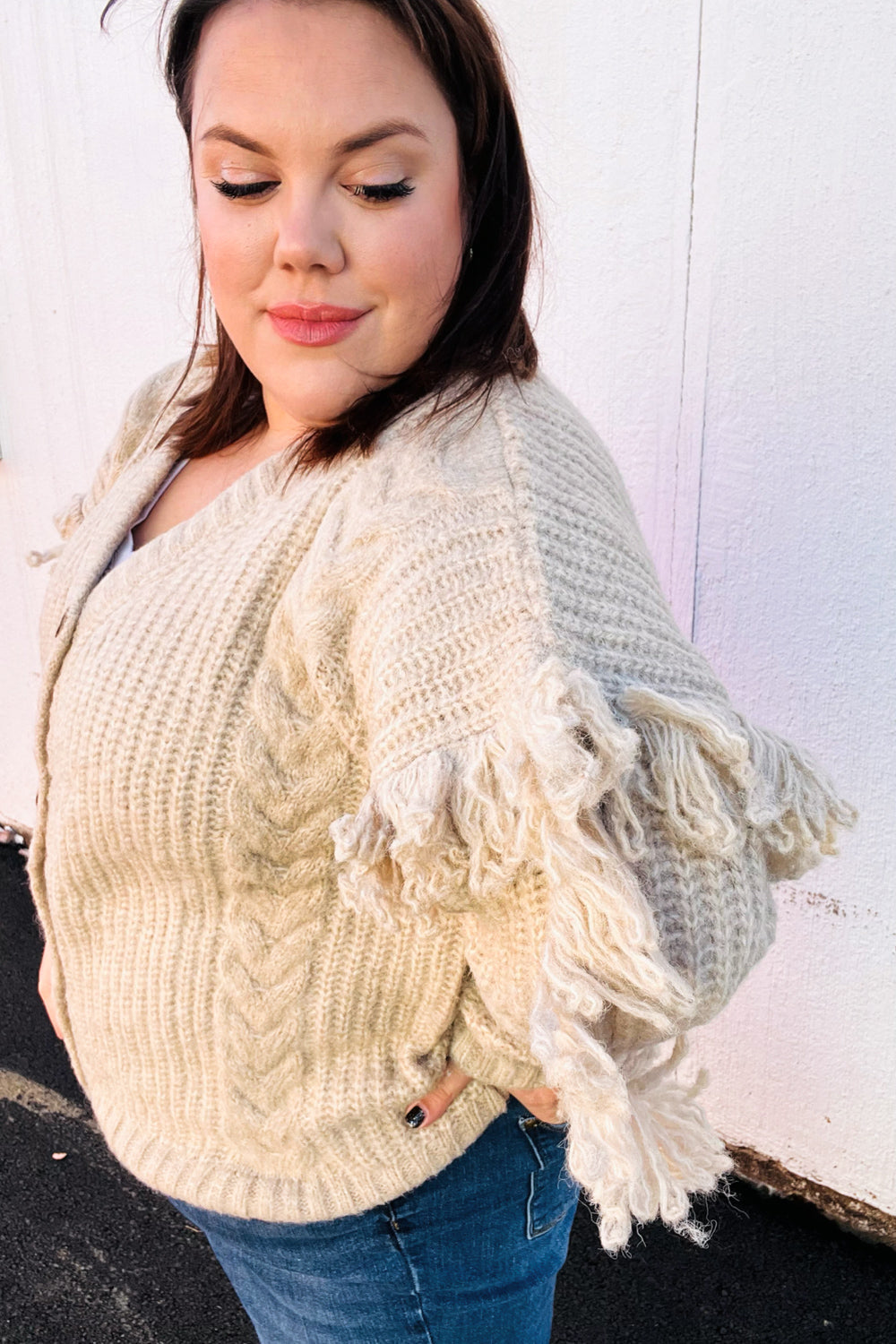 Weekend Ready Oatmeal V Neck Fringe Chunky Cable Cardigan