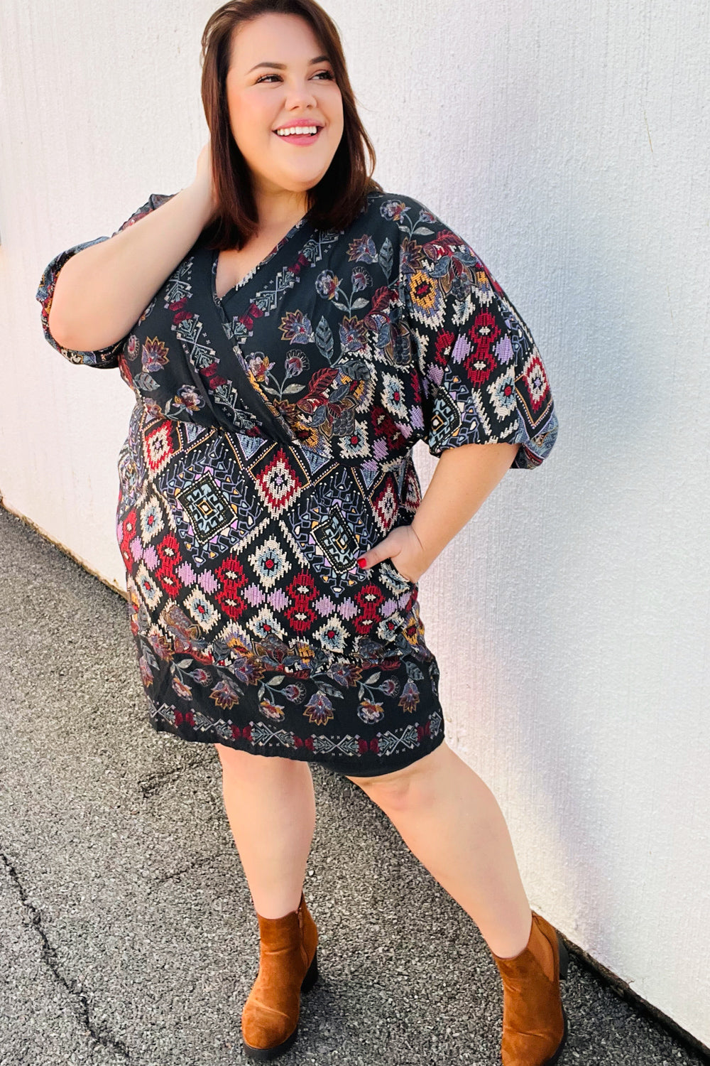 Straight To My Heart Charcoal Boho Paisley Surplice Dress