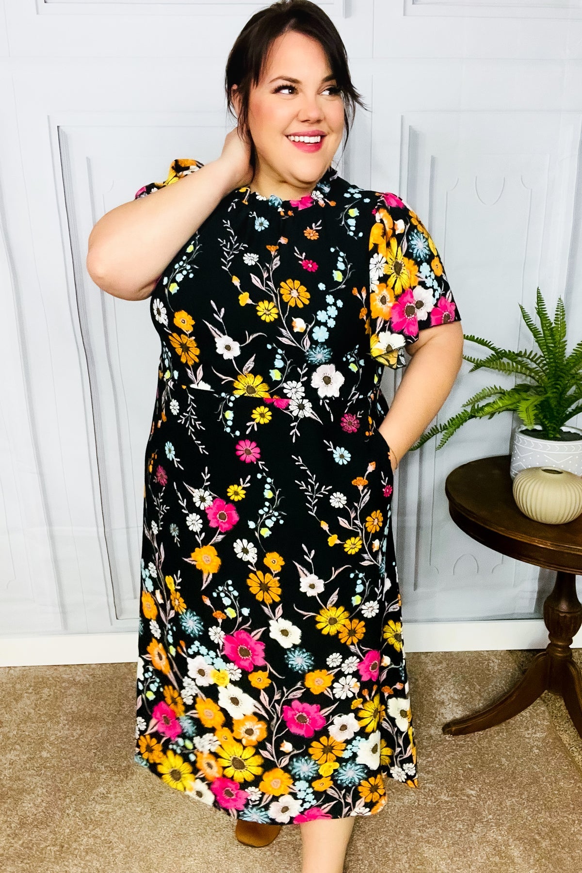 Black Floral Frill Mock Neck Flutter Sleeve Midi Dress