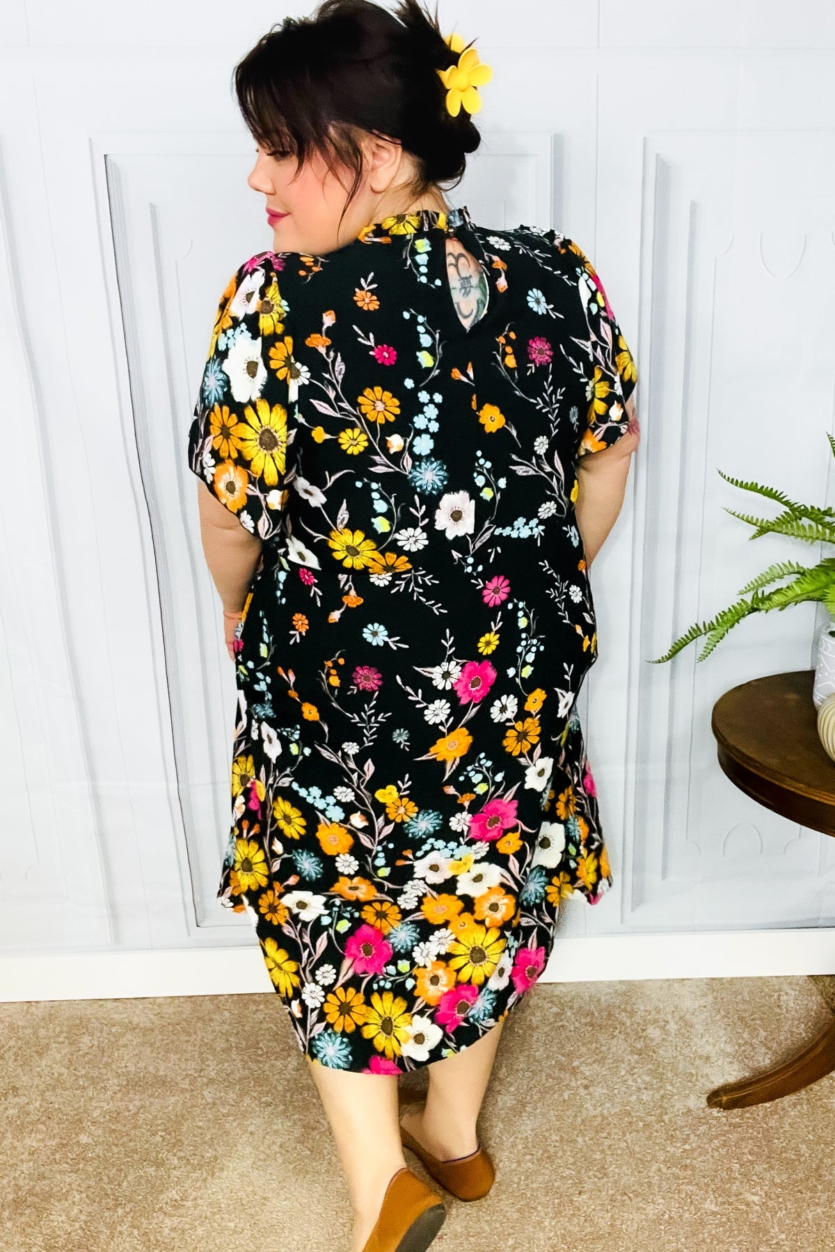 Black Floral Frill Mock Neck Flutter Sleeve Midi Dress