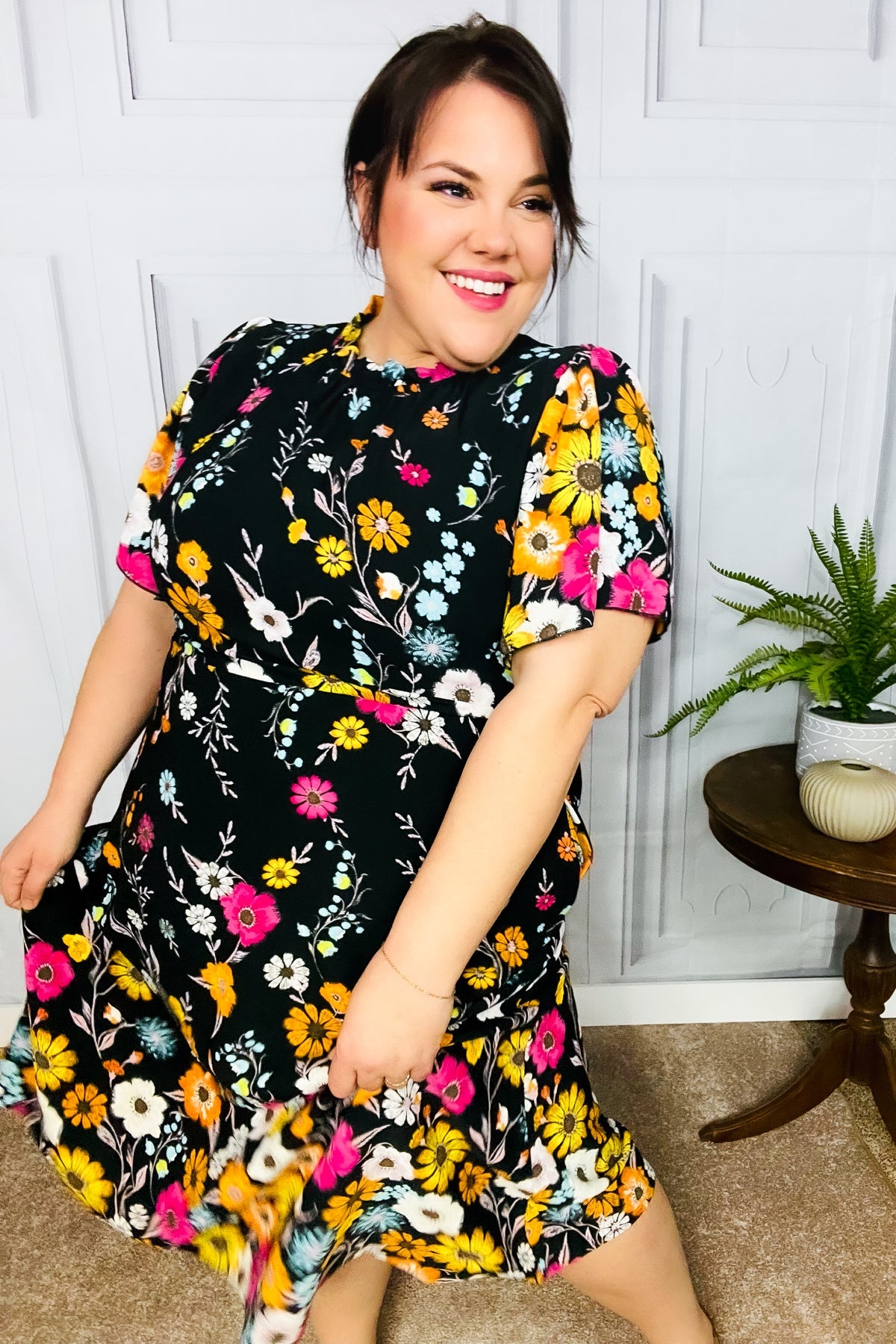 Black Floral Frill Mock Neck Flutter Sleeve Midi Dress