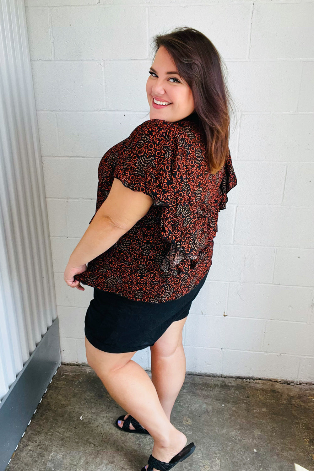 Black & Orange Boho Print Button Detail Side Ruffle Top