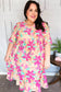 Mint & Fuchsia Floral Notch Neck Woven Dress