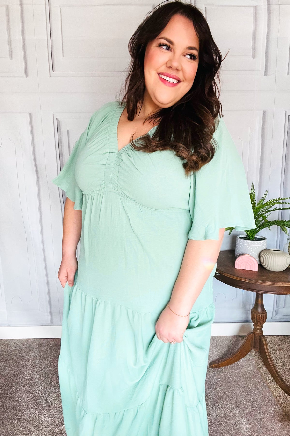 Mint Elastic V Neck Tiered Maxi Dress