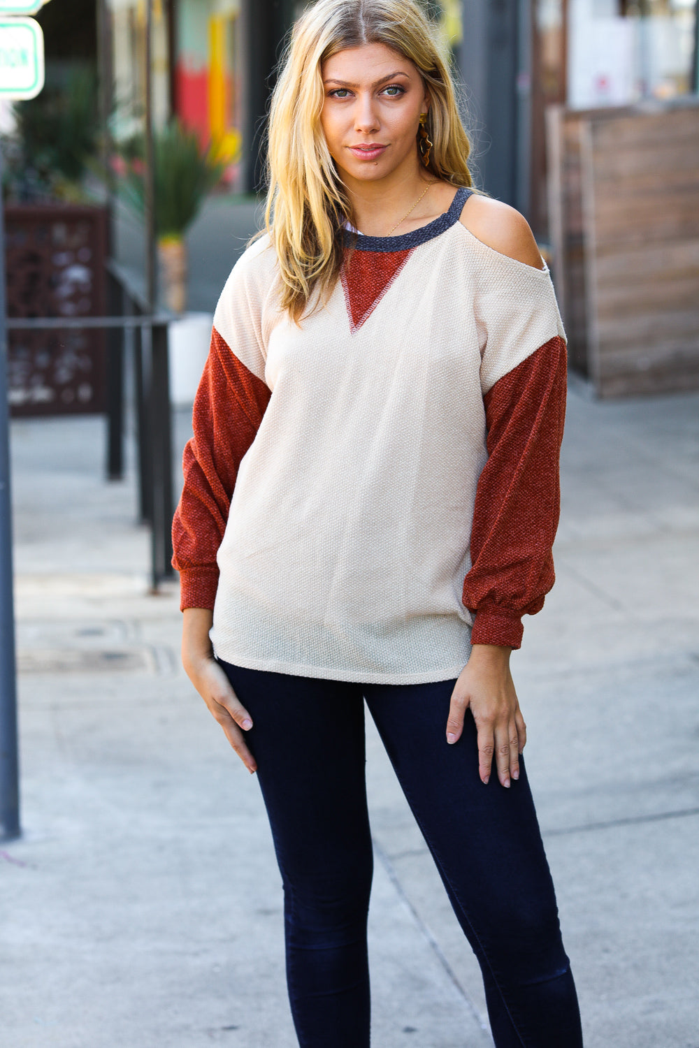 Oatmeal Textured Sweater Knit Cold Shoulder Top