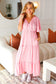 Pink Elastic V Neck Tiered Maxi Dress