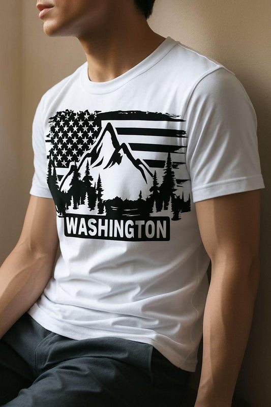 Washington Adventure Unisex T-Shirt | Mountain & Flag Design, Camping Gear, Travel Gift, Nature Lover Tee, Patriotic Apparel