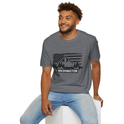 Washington Adventure Unisex T-Shirt | Mountain & Flag Design, Camping Gear, Travel Gift, Nature Lover Tee, Patriotic Apparel