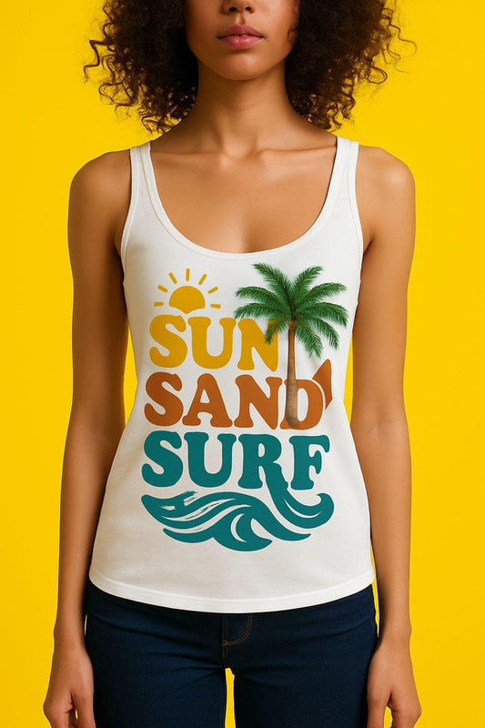 Women's Summer Tank Top with "Sun Sand Surf" Design - Beachwear, Vacation Outfit, Gift for Her, Casual Wear, Activewear