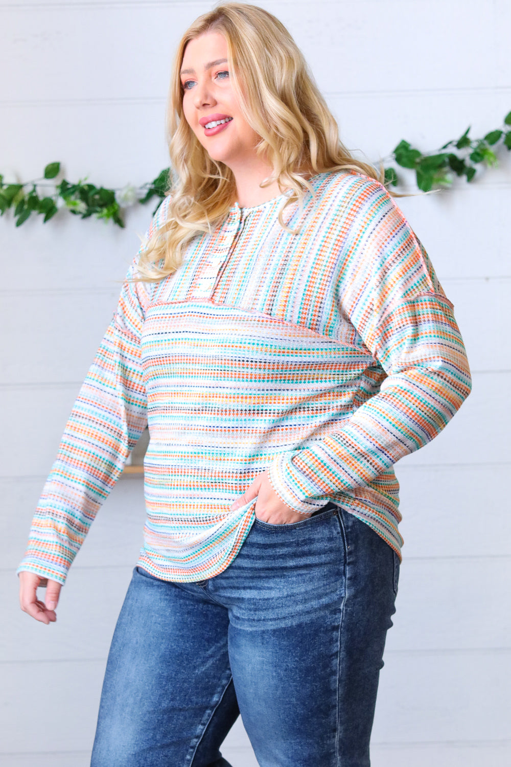 Orange & Teal Textured Stripe Vintage Button Placard Top