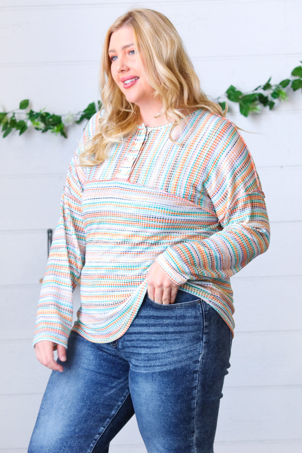 Orange & Teal Textured Stripe Vintage Button Placard Top