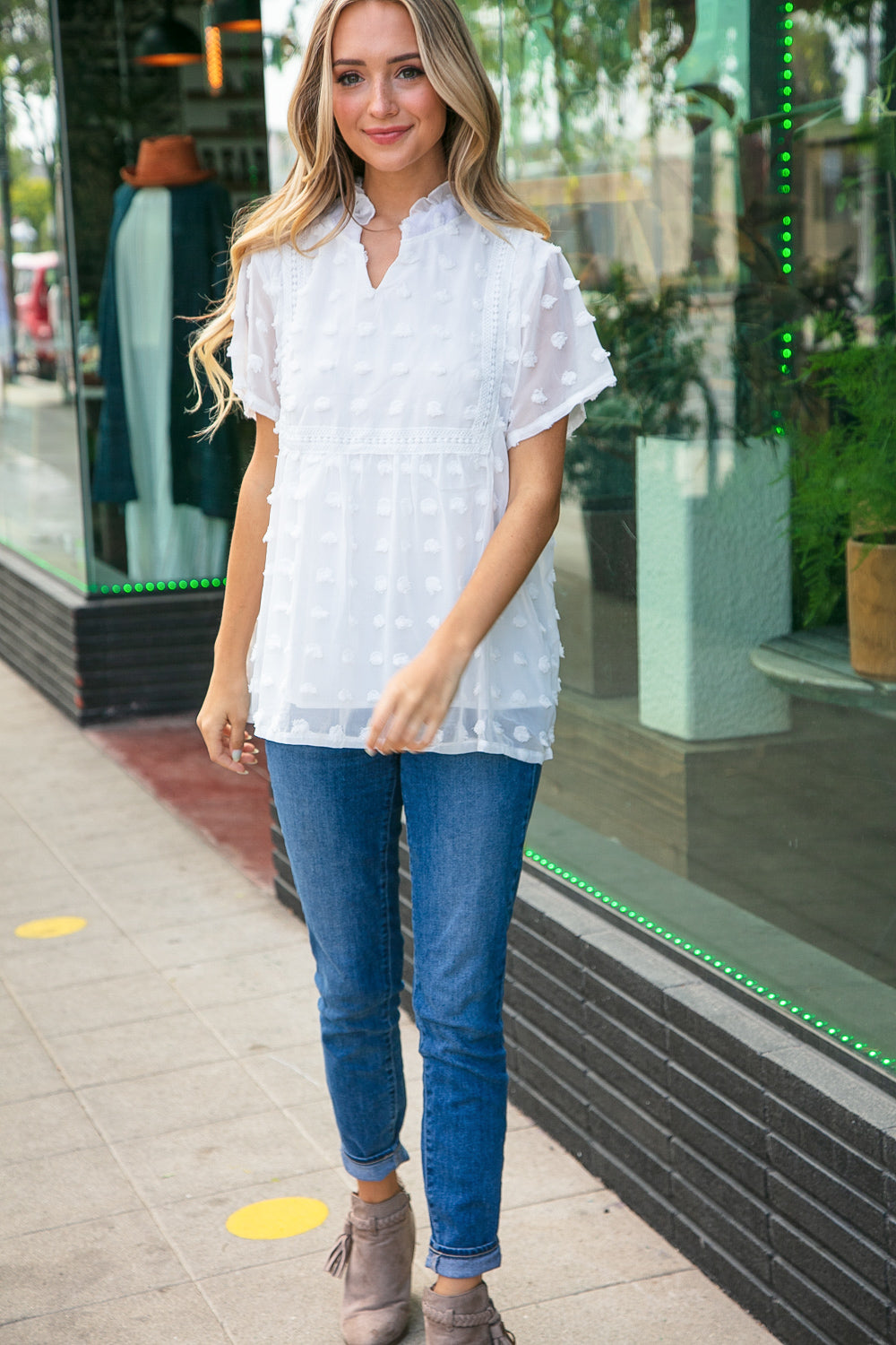 White Swiss Dot Chiffon Crochet Detailed Lined Top