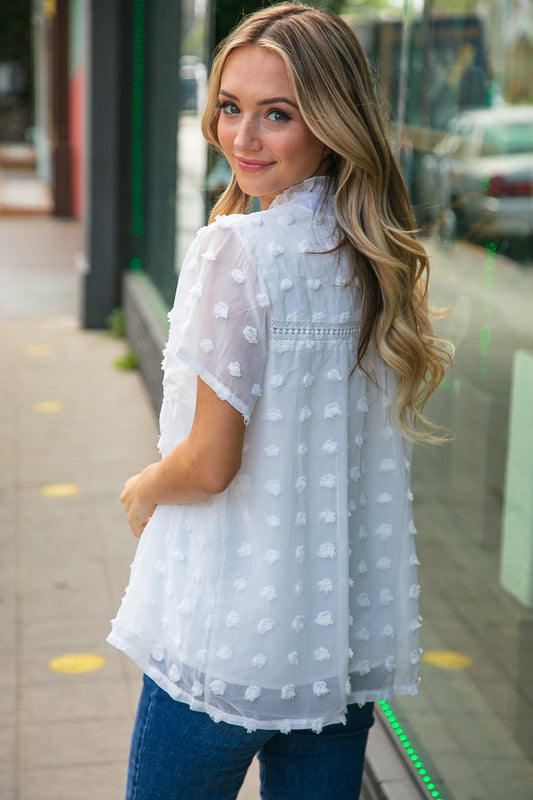 White Swiss Dot Chiffon Crochet Detailed Lined Top