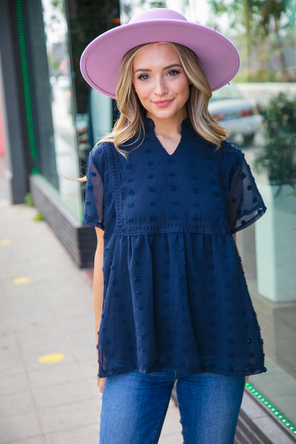 Navy Swiss Dot Chiffon Crochet Detailed Lined Top