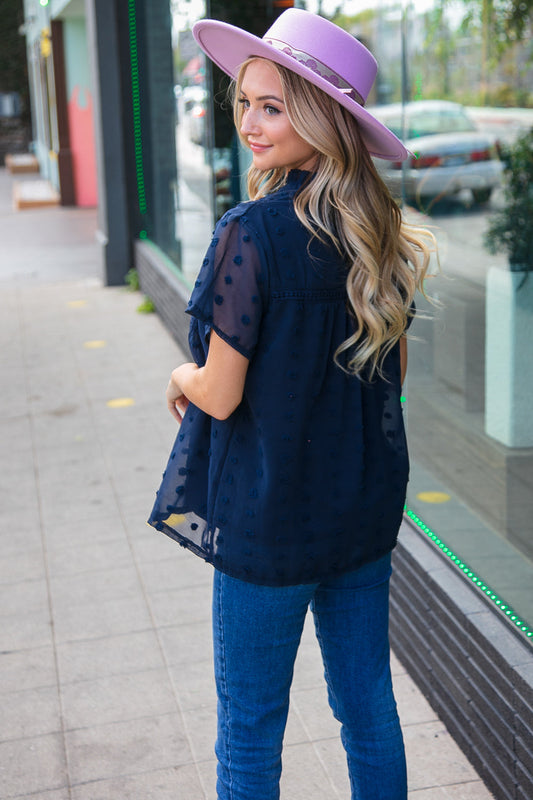 Navy Swiss Dot Chiffon Crochet Detailed Lined Top