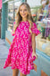 Pink Floral Tiered Flutter Sleeve Pocketed Dress