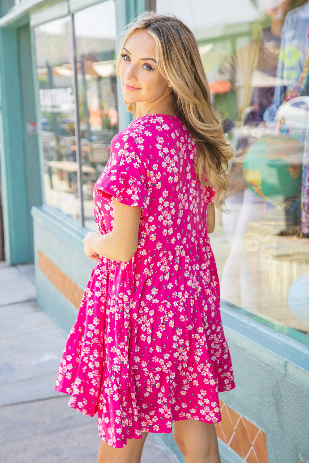 Pink Floral Tiered Flutter Sleeve Pocketed Dress