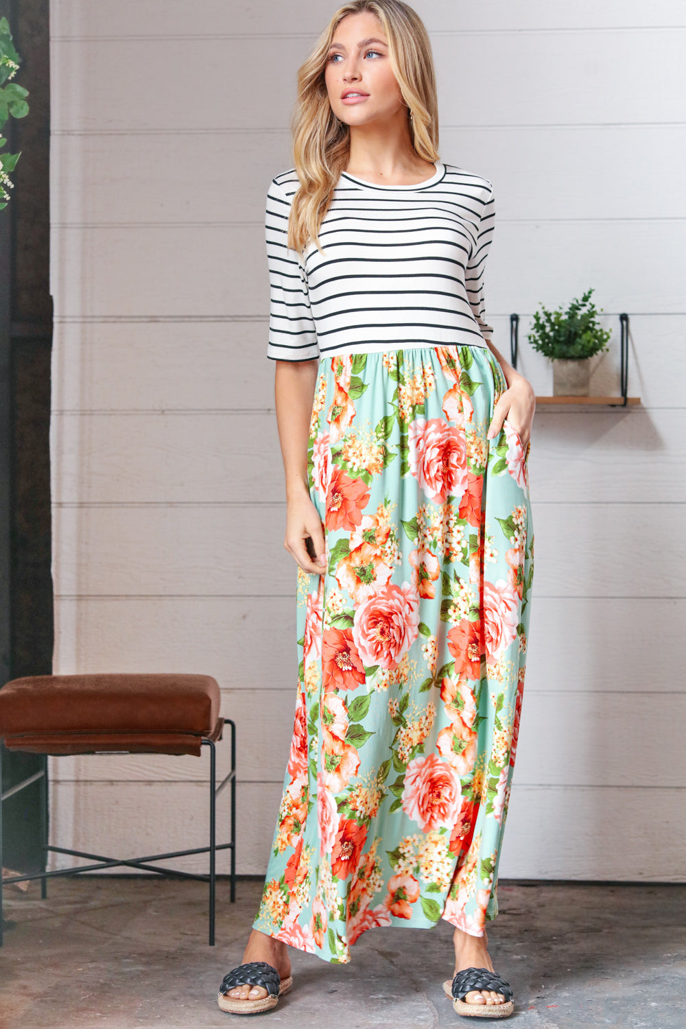 Mint Floral Stripe Fit & Flare Pocketed Maxi Dress