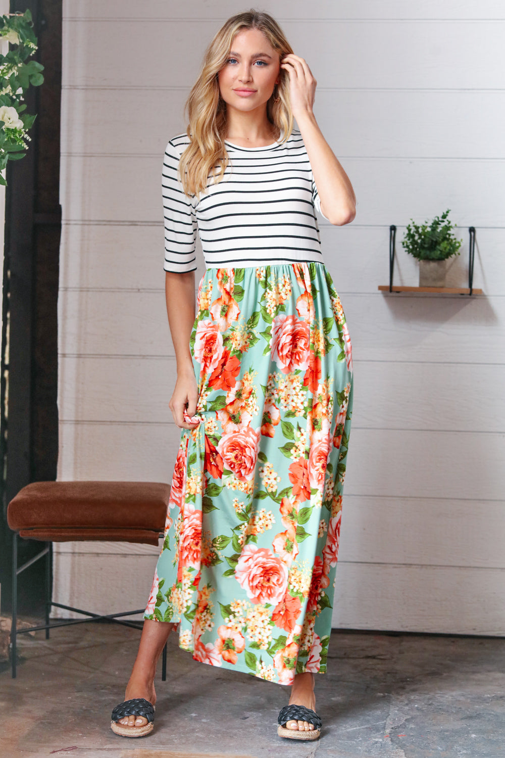 Mint Floral Stripe Fit & Flare Pocketed Maxi Dress