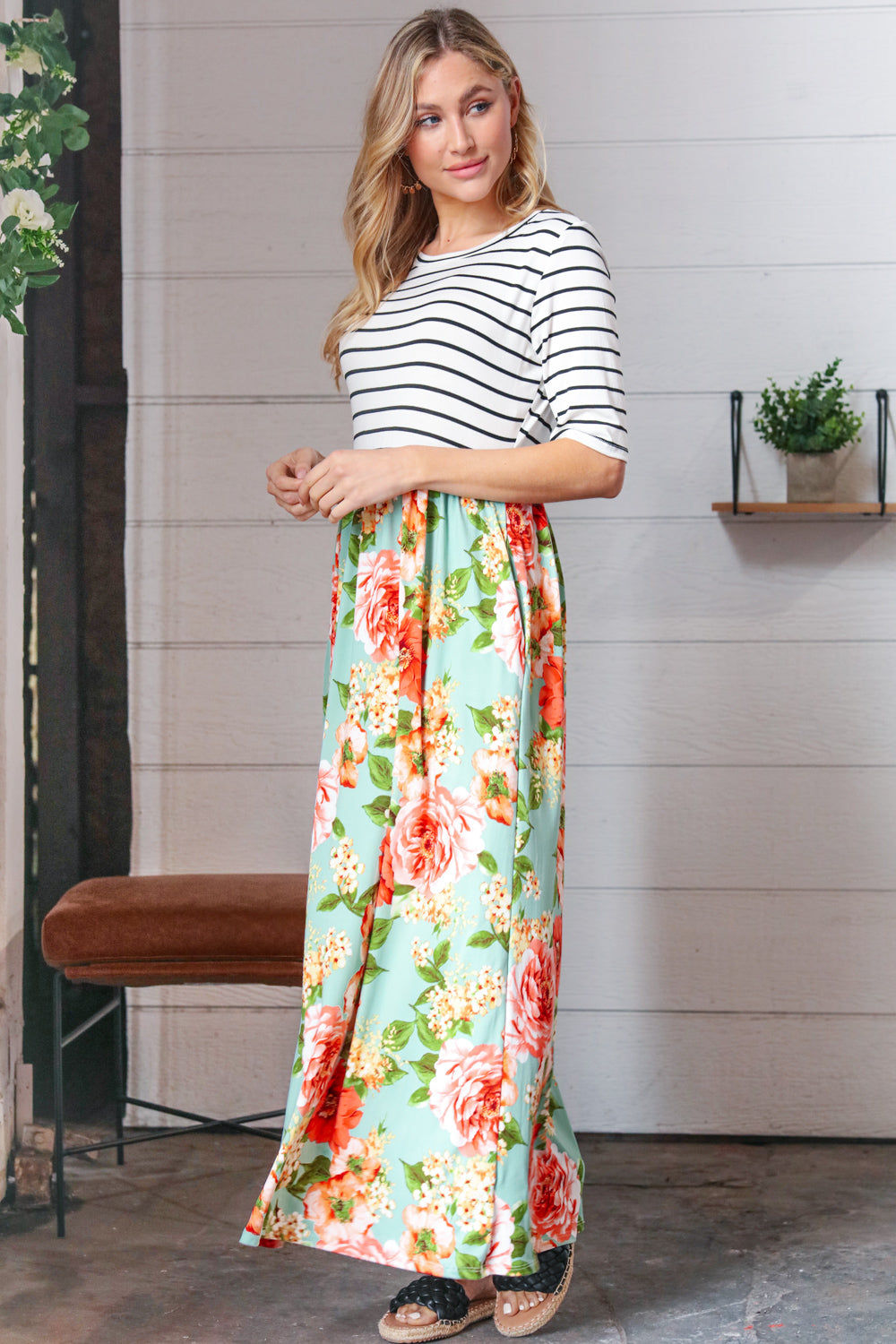 Mint Floral Stripe Fit & Flare Pocketed Maxi Dress