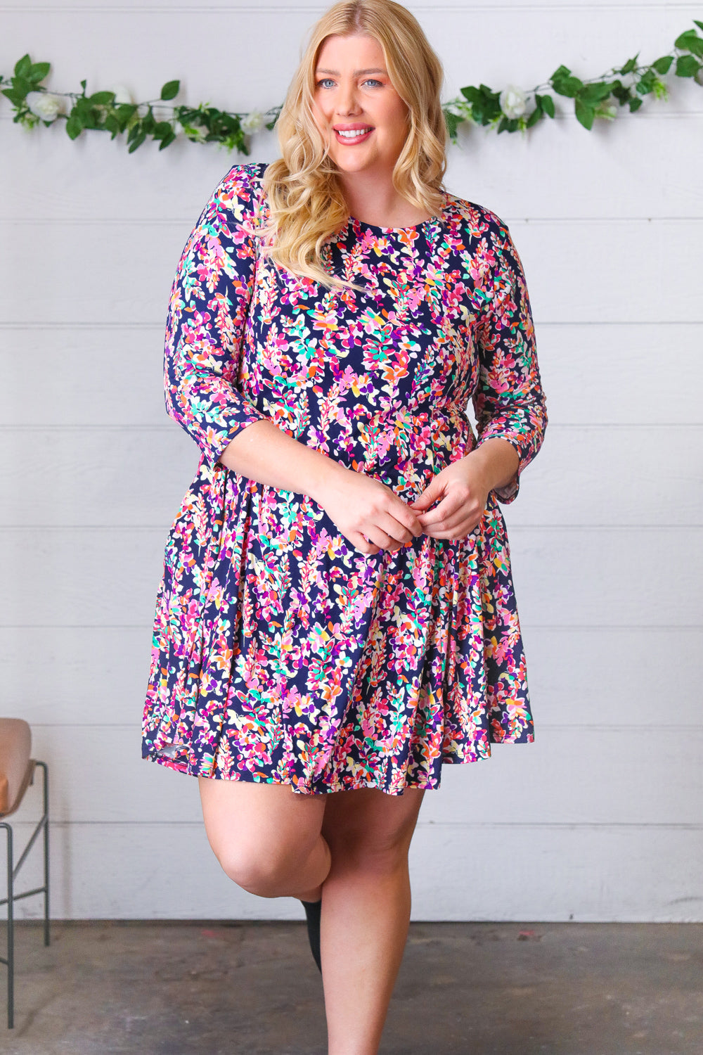 Navy Floral Flare Midi Dress