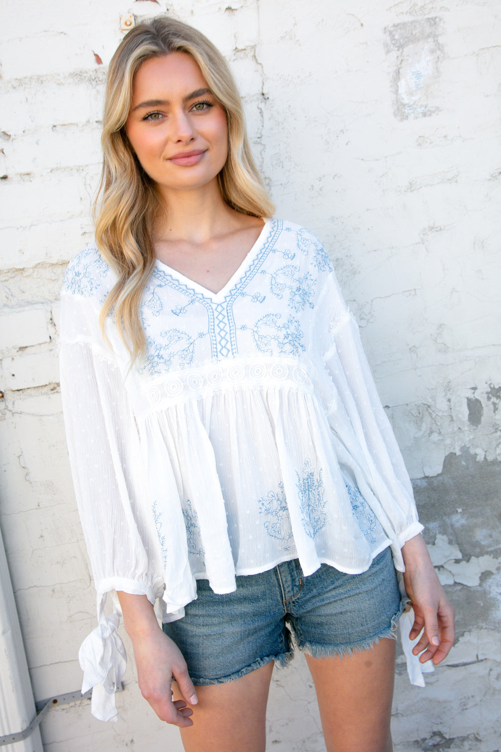 White V Neck Embroidered Crochet Lace Swiss Dot Top