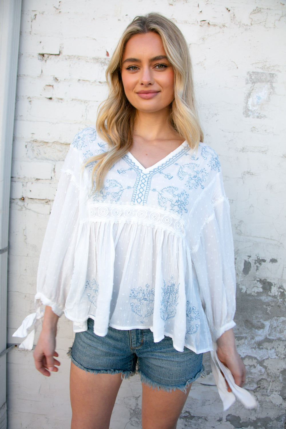 White V Neck Embroidered Crochet Lace Swiss Dot Top