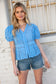 Blue Eyelet Crochet Short Sleeve Button Down Top